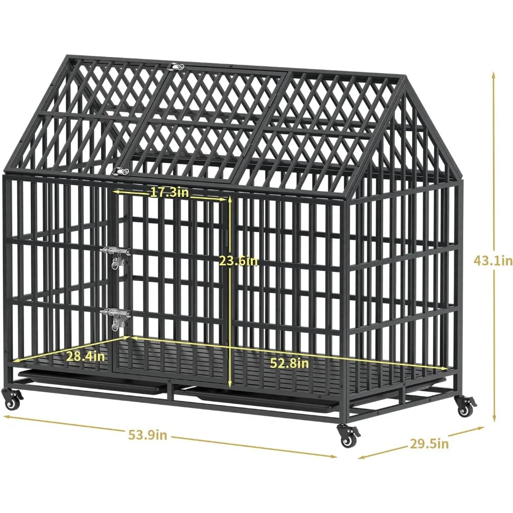 Very /54 Inch Heavy Duty Dog Crate Extra Large Dog Cage Kennel, Indestructible XXL Dog Crate With Open Roof Top, Trays And Wheel