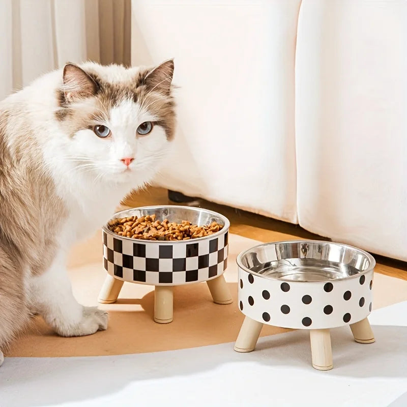 Elevated Stainless Steel Cat Bowl with Neck Protection and Anti Slip Feeding Tray