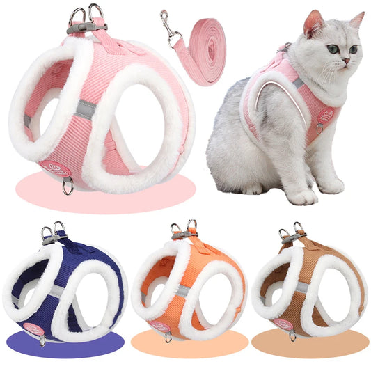 Autumn and Winter Warm Cat/Chihuahua Dog Harness with Fur, Pet Harness and Leash Set for Walking Dogs, Puppy Yorkies