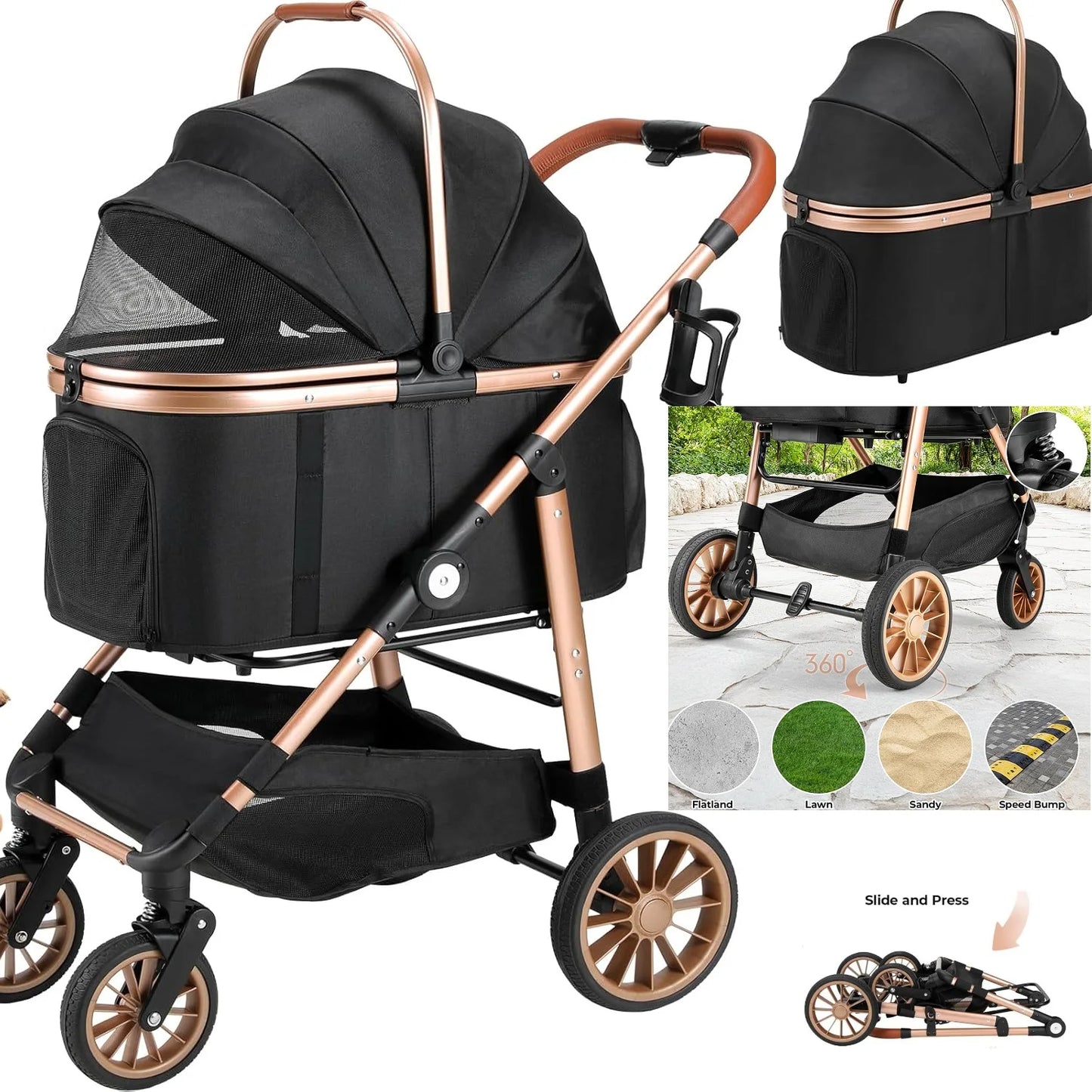 360° High Wheels Transport Foldable Cat Pet Stroller 