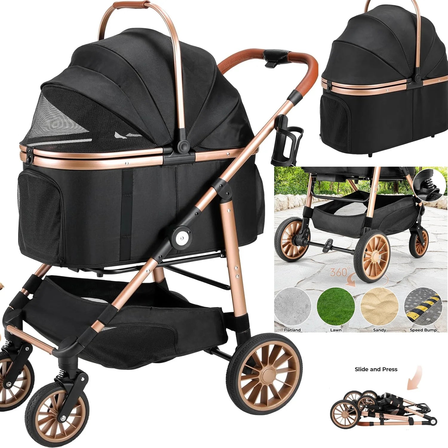 360° High Wheels Transport Foldable Cat Pet Stroller 