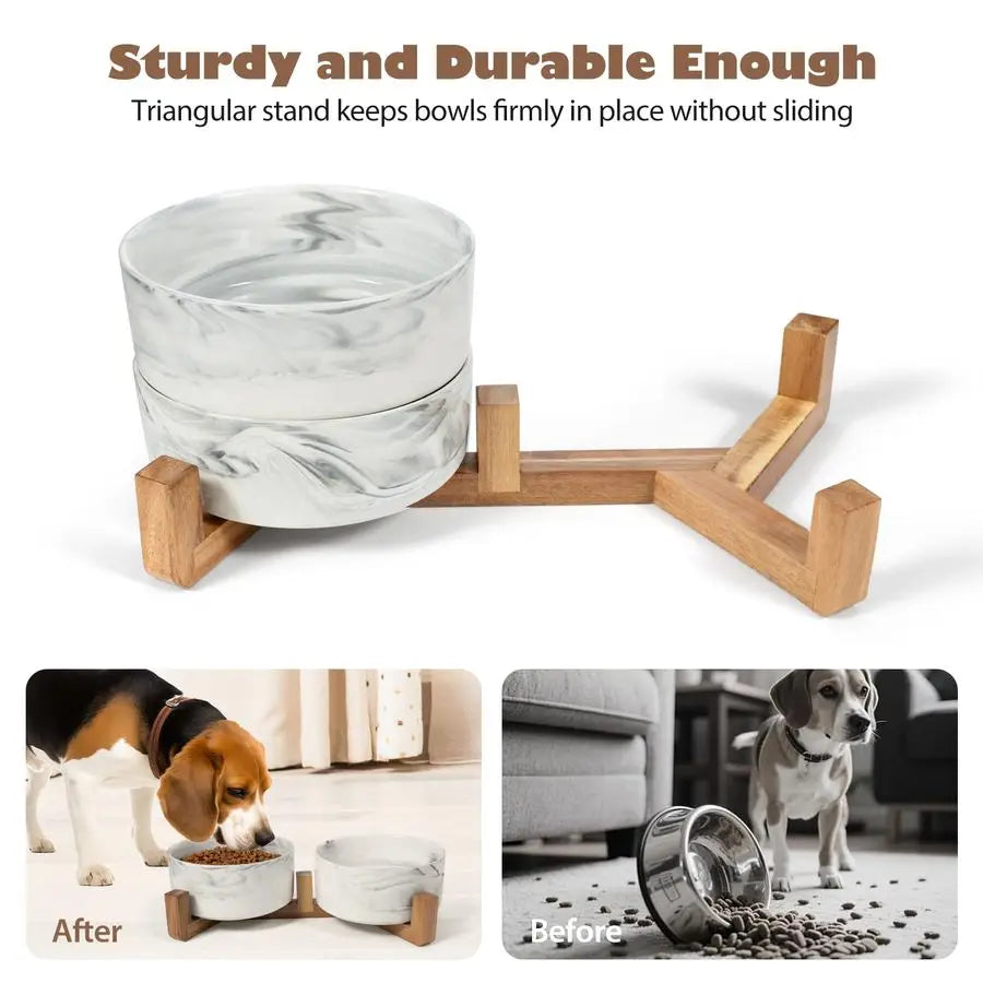 Bowls Set with Wood Stand, 3.6Cup Ceramic Pet Bowls for Medium Dogs 