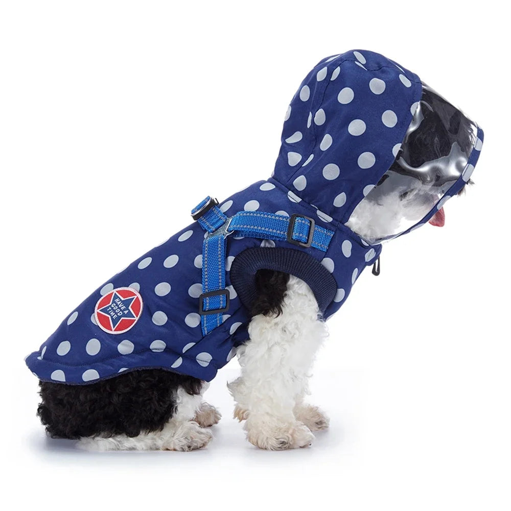 Winter Waterproof Dog Coat With Harness Hooded Polyester Jacket