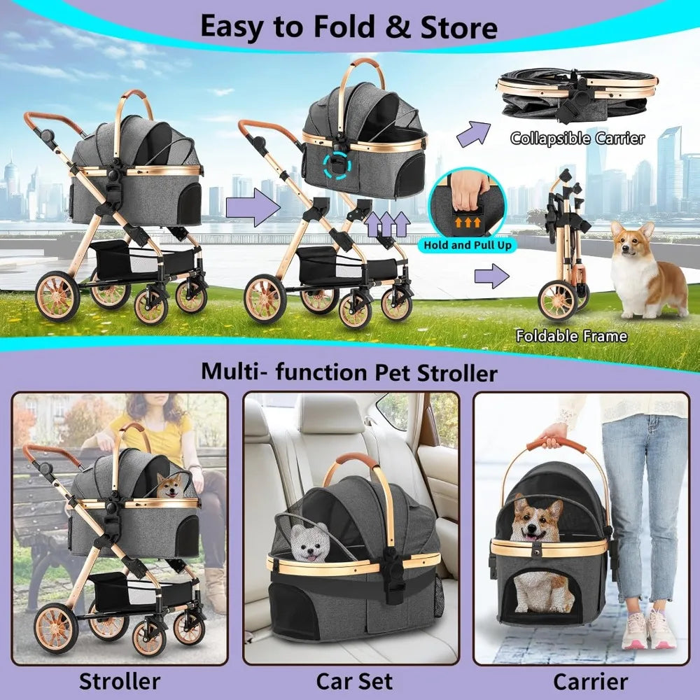 Stroller for Medium & Small Dogs - Foldable, Lightweight Dog Carrier with Storage Basket (Gray)