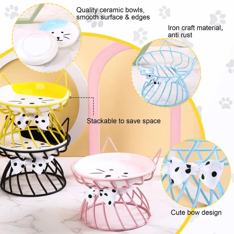 Cat Feeder, 4 Pcs Elevated Ceramic Cat Bowls with Metal Stand, Whisker
