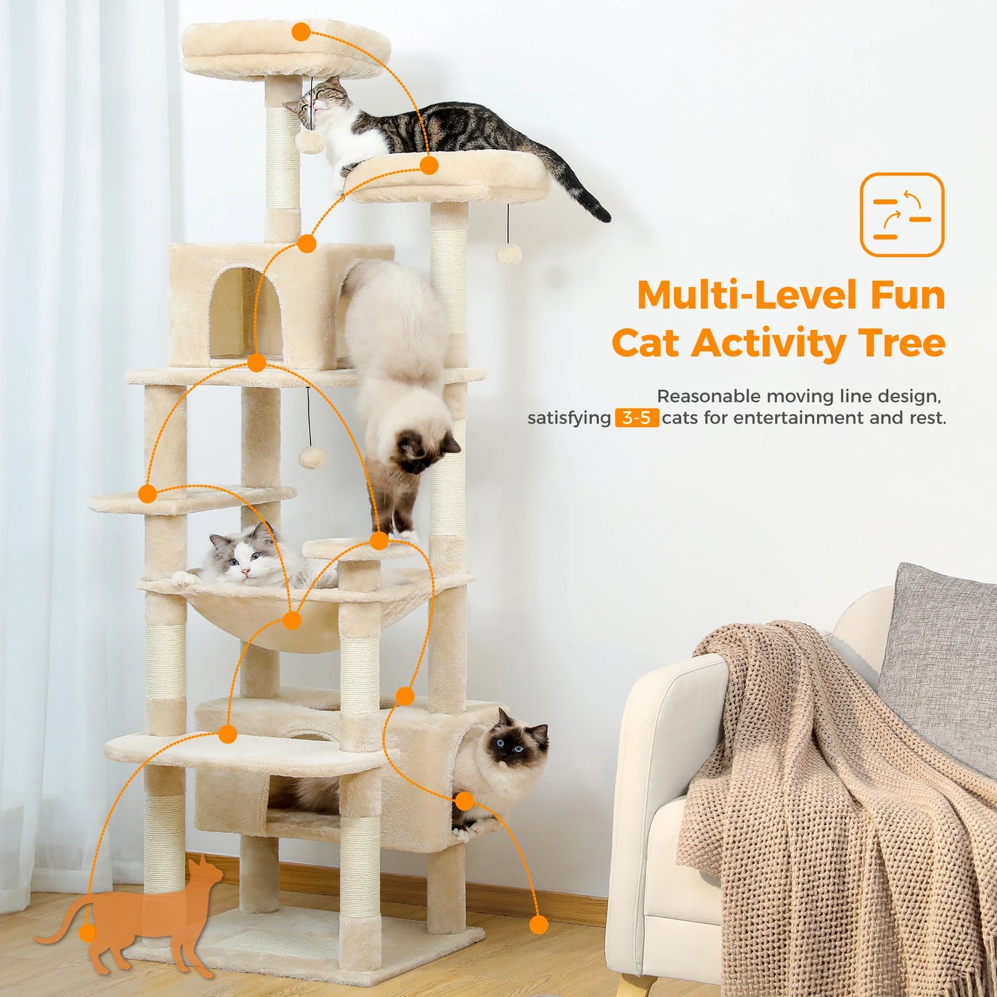 184CM Large Cat Tree and Tower for Indoor Cats with Sisal Covered Scratching Posts Spacious Hammock Padded Perches and Condos