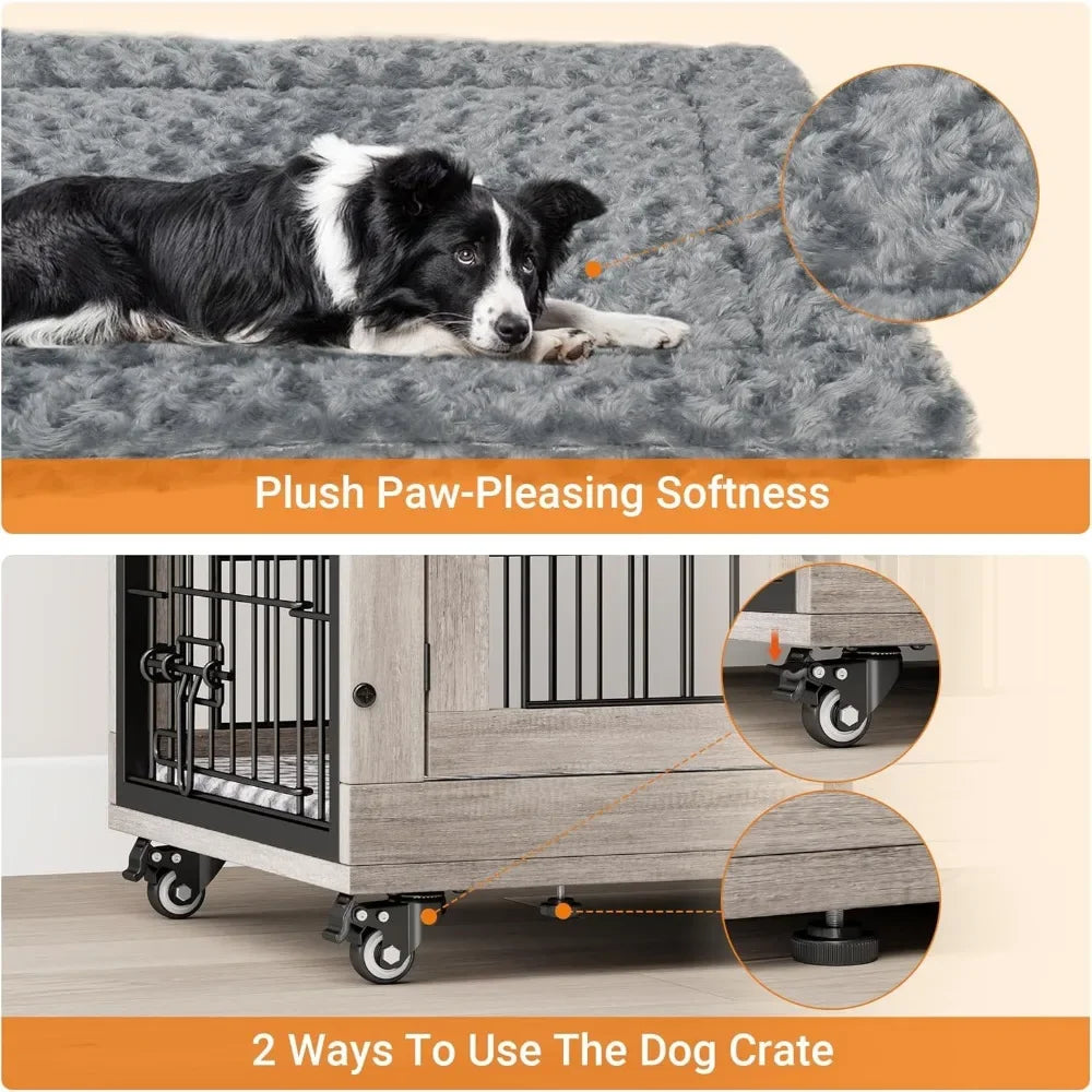 Indoor Double Door Wooden Dog Crate With Cushion And Wheels