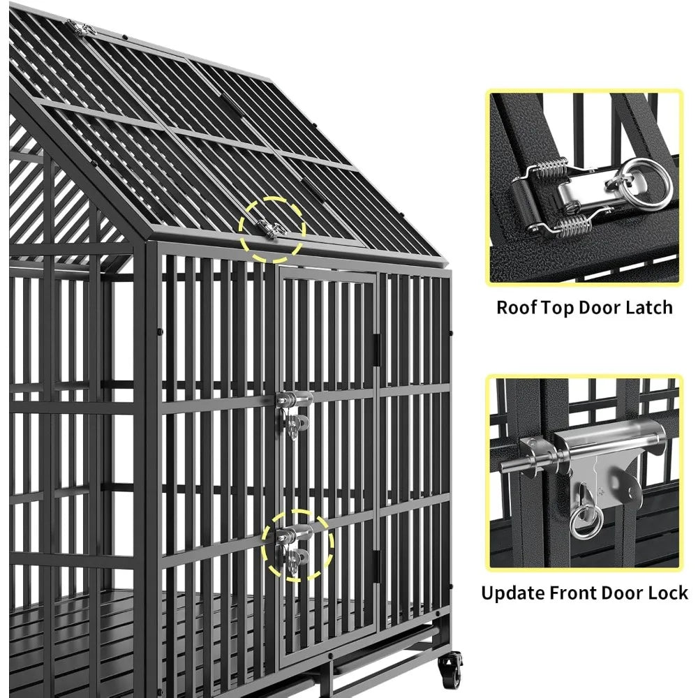 Very /54 Inch Heavy Duty Dog Crate Extra Large Dog Cage Kennel, Indestructible XXL Dog Crate With Open Roof Top, Trays And Wheel