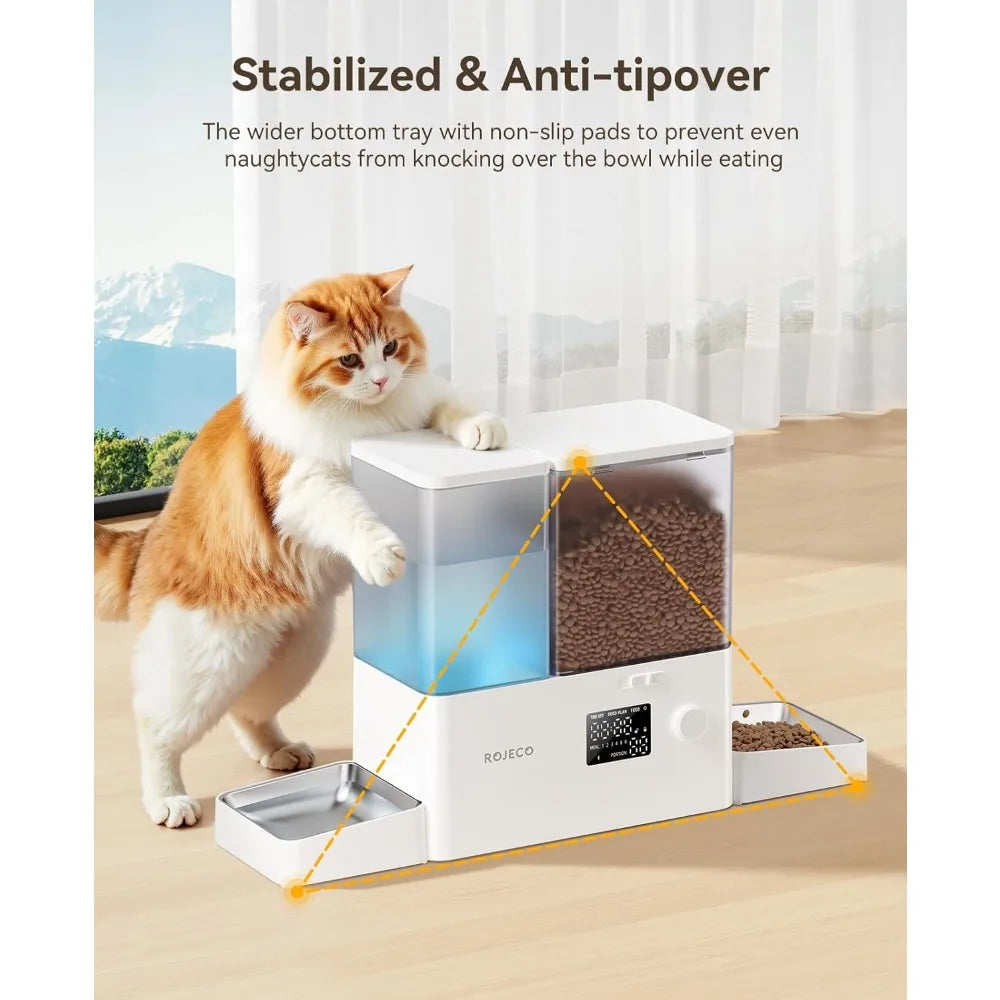 Pet Automatic Cat Feeder and Gravity Water Dispenser,Steel Bowls 2-in-1Set Large Capacity 5L Food Feeder and 3.5L Water Fountain