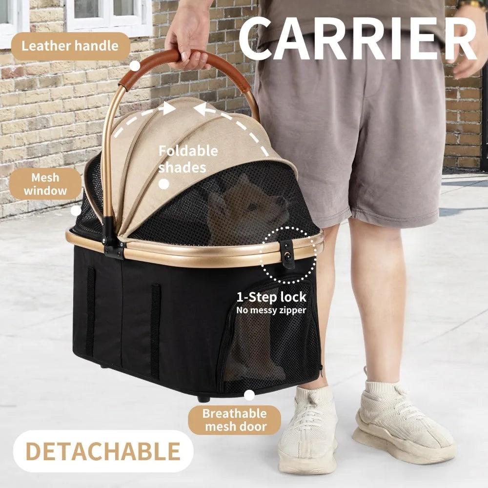 Pet Stroller with 4 Wheels, Foldable Pet Travel Carrier for Small/Medium Dogs Cats up to 50lbs, Detachable Portable Pet Bag