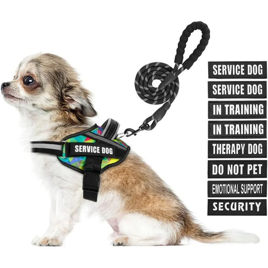 Service Dog Harness Leash Set Reflective No Pull 10 Patches Multi Color Training Vest Durable Lightweight Small to XL Dogs