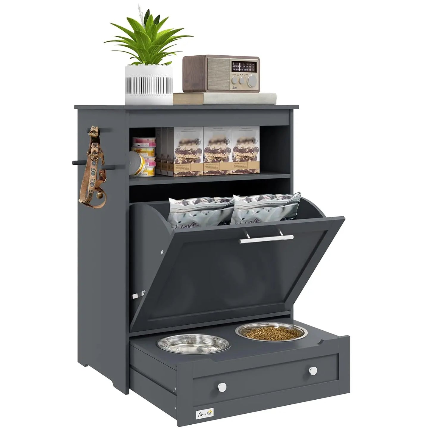 Dog Feeding Station With Raised Bowls And Storage Cabinet