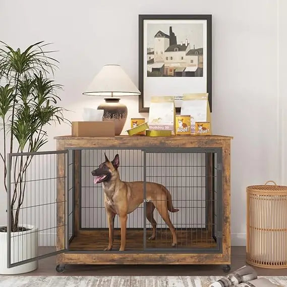Wooden Dog Crate Furniture With Flip Top And Wheels