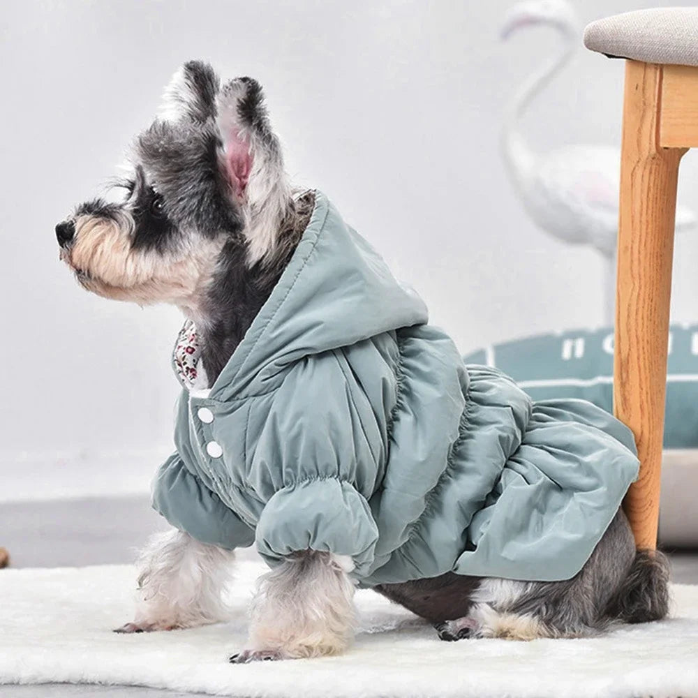 Winter Warm Dog Dress With Floral Bubble Skirt Hooded Coat