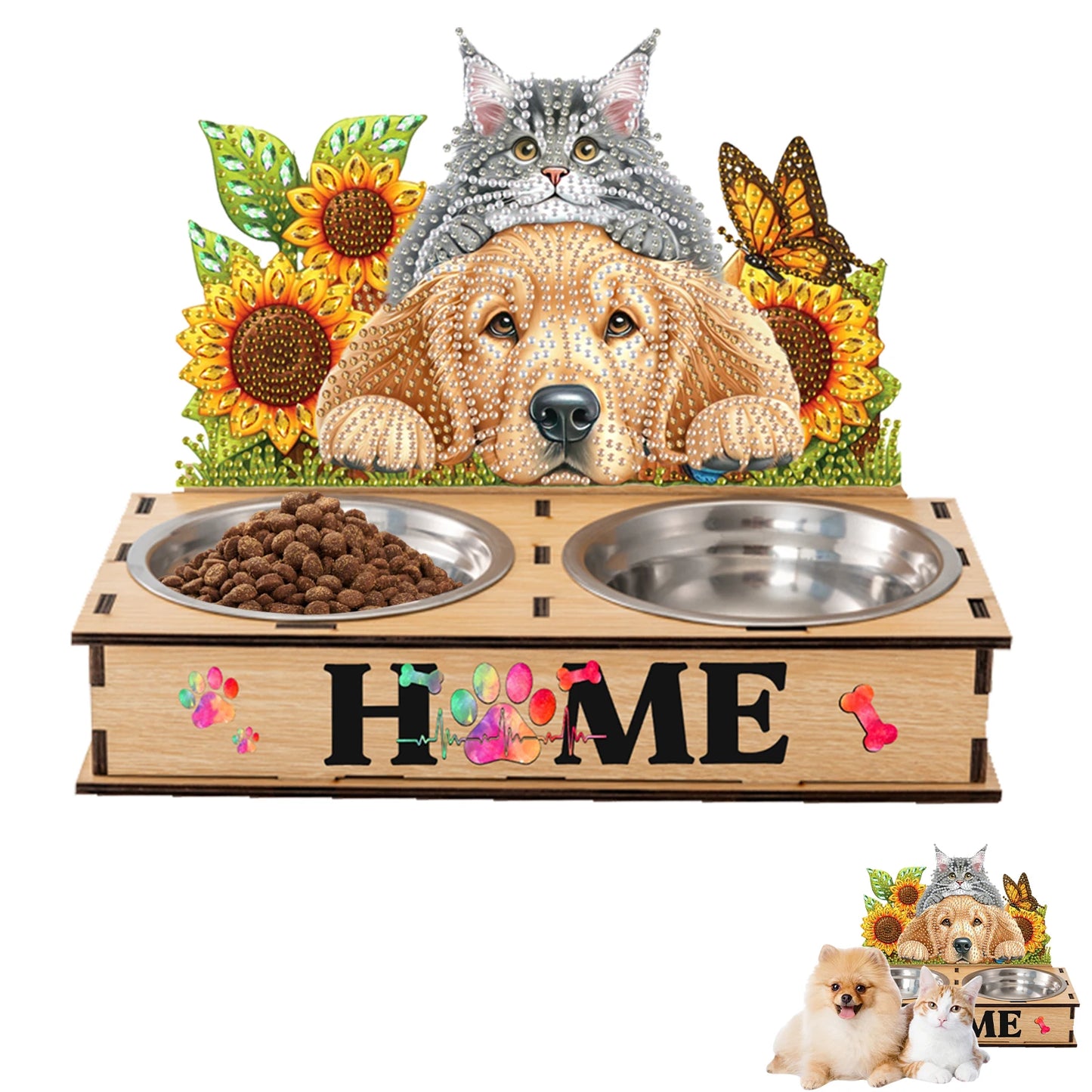 5D DIY Diamond Painting Water Feeder Kit Rhinestone Stainless Steel Pet Bowl for Cats and Dogs