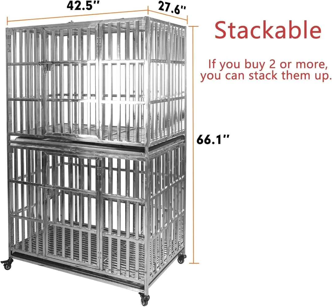 Stackable Stainless Steel Dog Crate With Locking Wheels