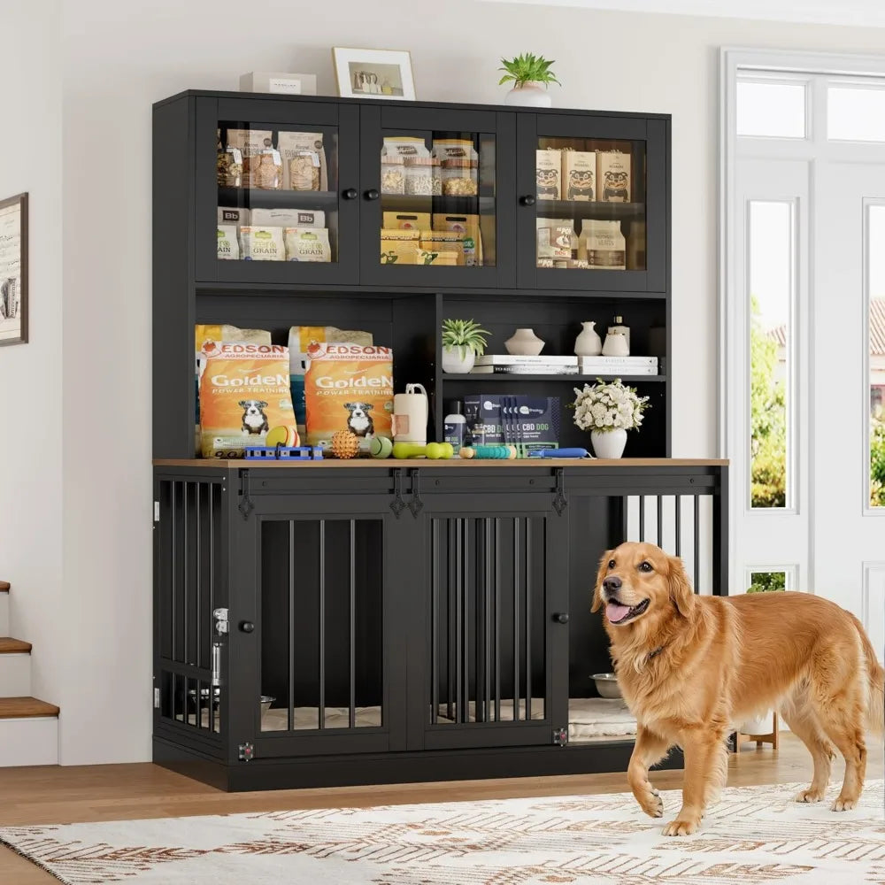 Dog Crate Furniture for Pets with Divider and Four Doors