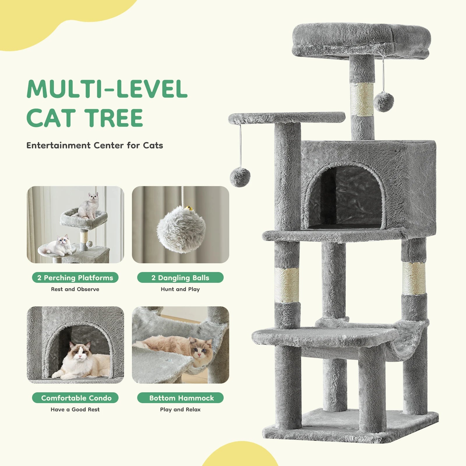 JHK 44In Cat Tree Tall Multi-Cat Climbing Tower for Pet Furniture