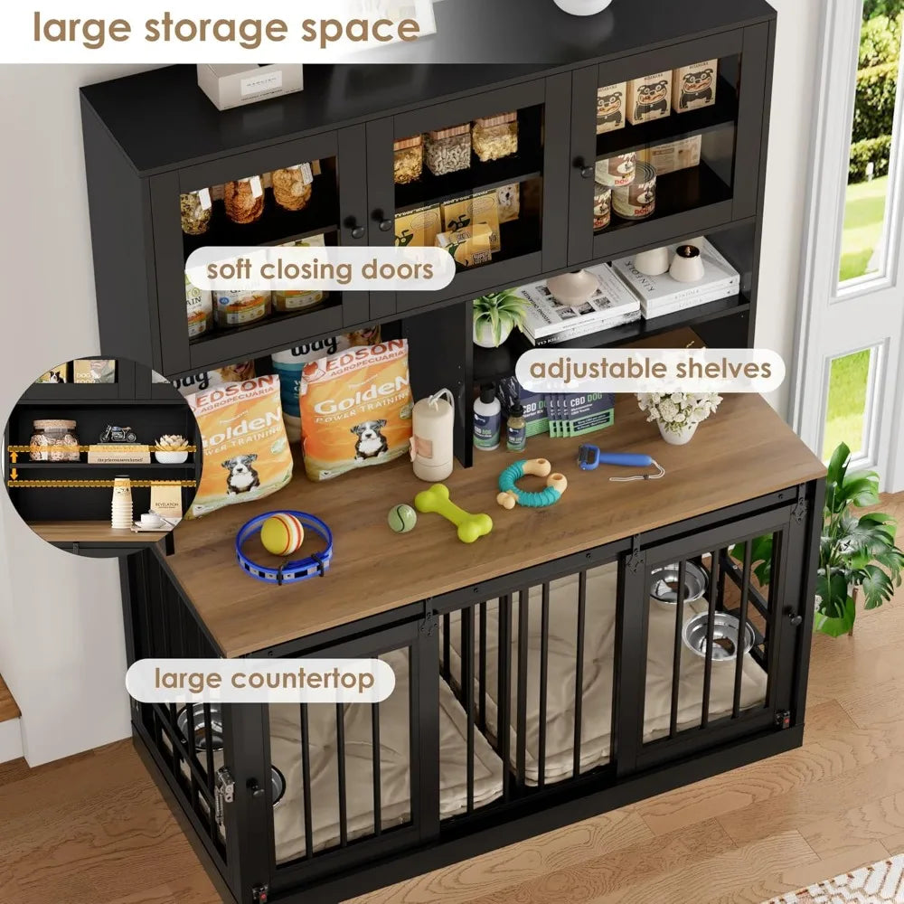 Dog Crate Furniture for Pets with Divider and Four Doors