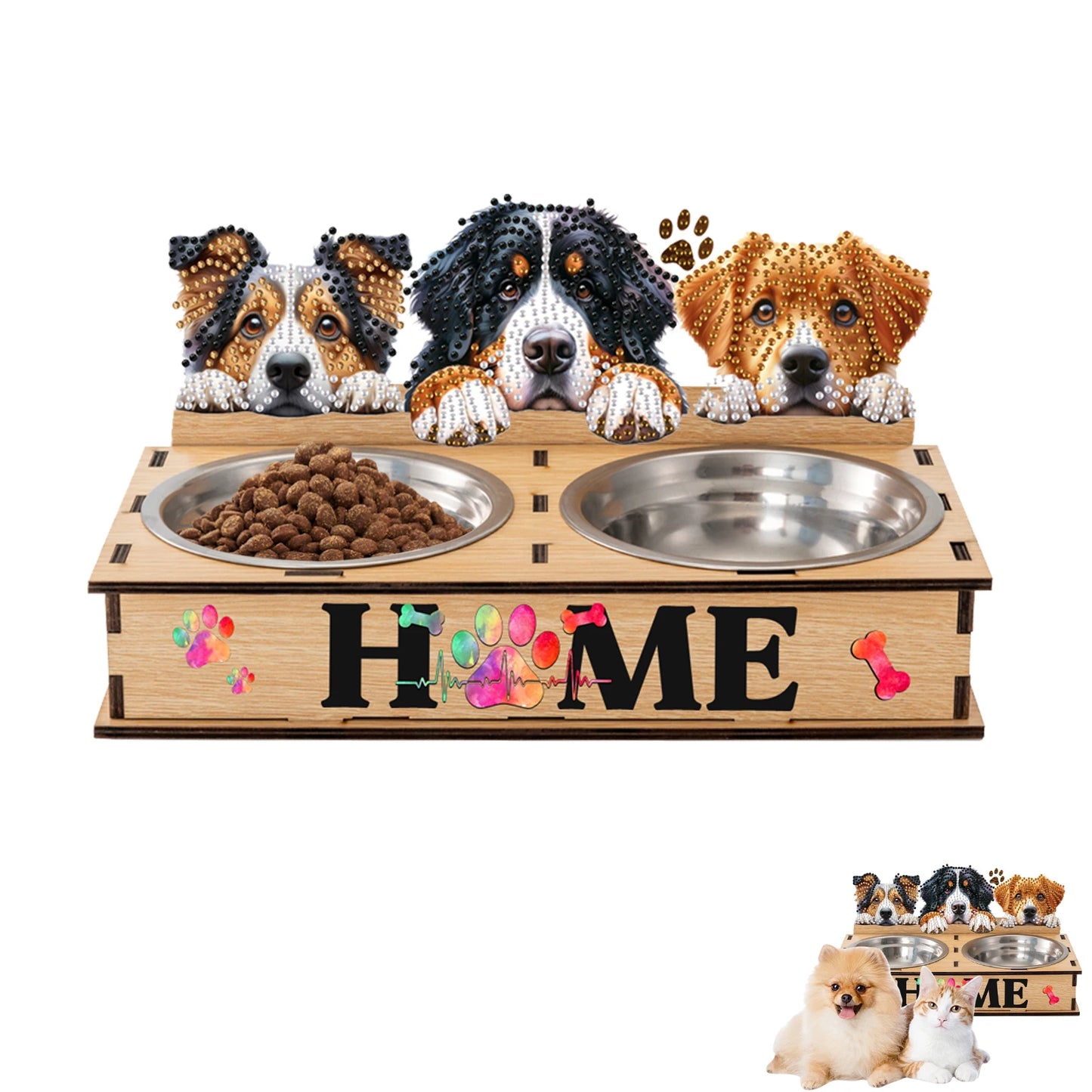 5D DIY Diamond Painting Water Feeder Kit Rhinestone Stainless Steel Pet Bowl for Cats and Dogs