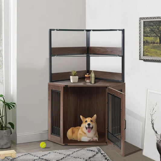Masterpiece Corner Dog Crate With Glass Shelves And Door