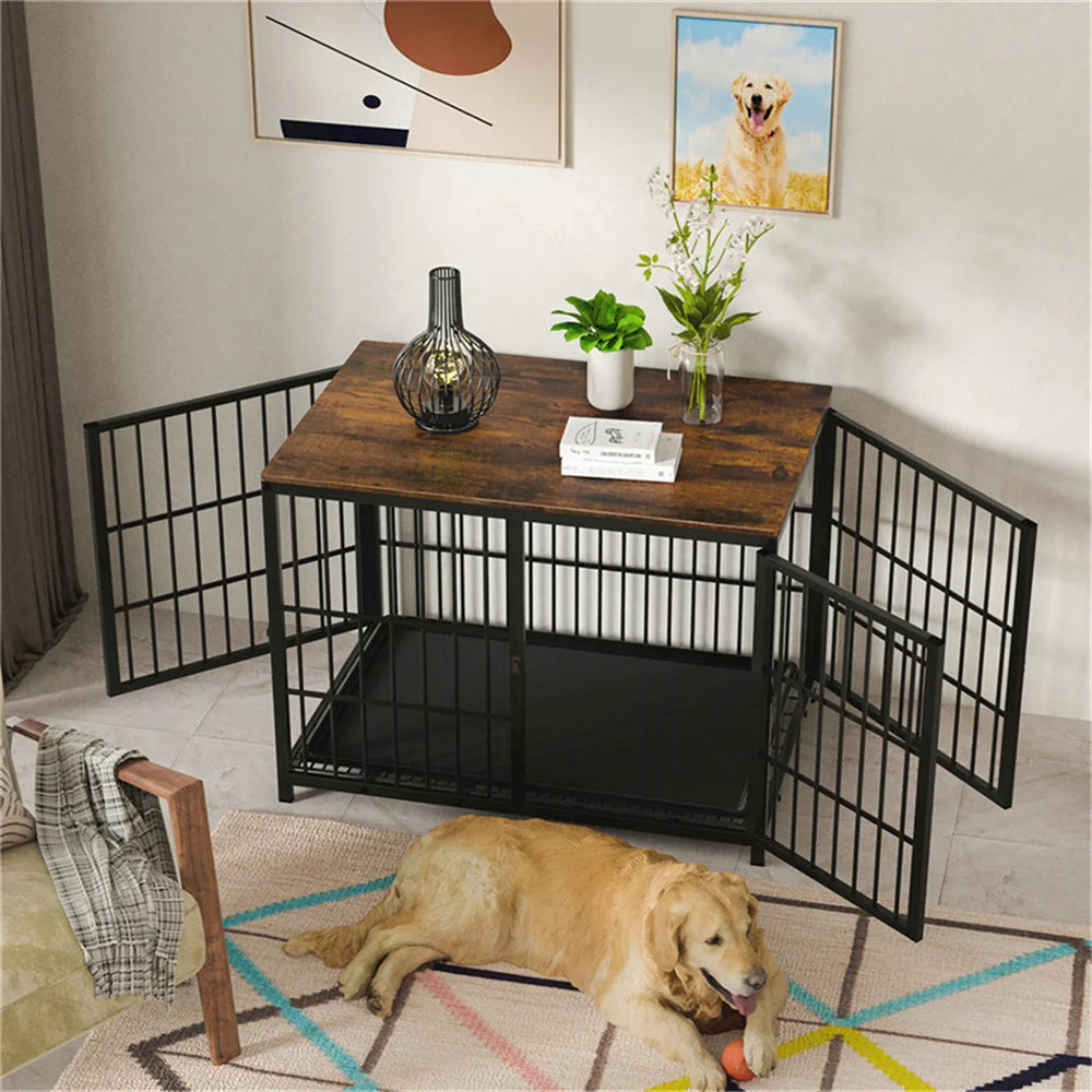 Wooden Elevated Dog Crate End Table With Lattice Doors