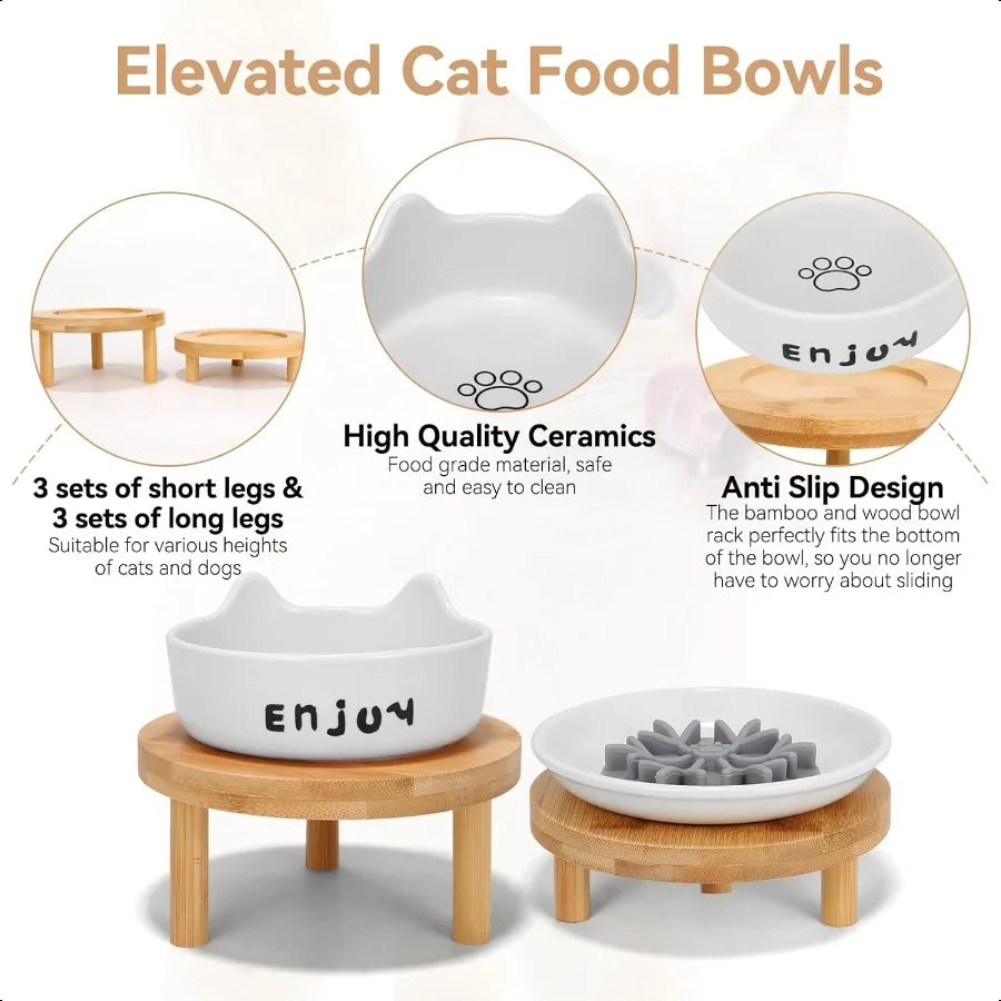 3PCS Elevated Cat Bowls Wide Raised Ceramic Pet Dishes with Bamboo Stand Whisker Friendly Feeding Station