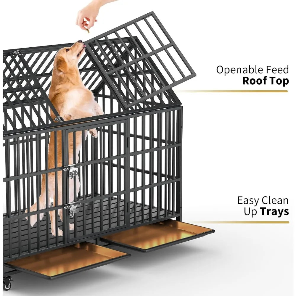 Very /54 Inch Heavy Duty Dog Crate Extra Large Dog Cage Kennel, Indestructible XXL Dog Crate With Open Roof Top, Trays And Wheel