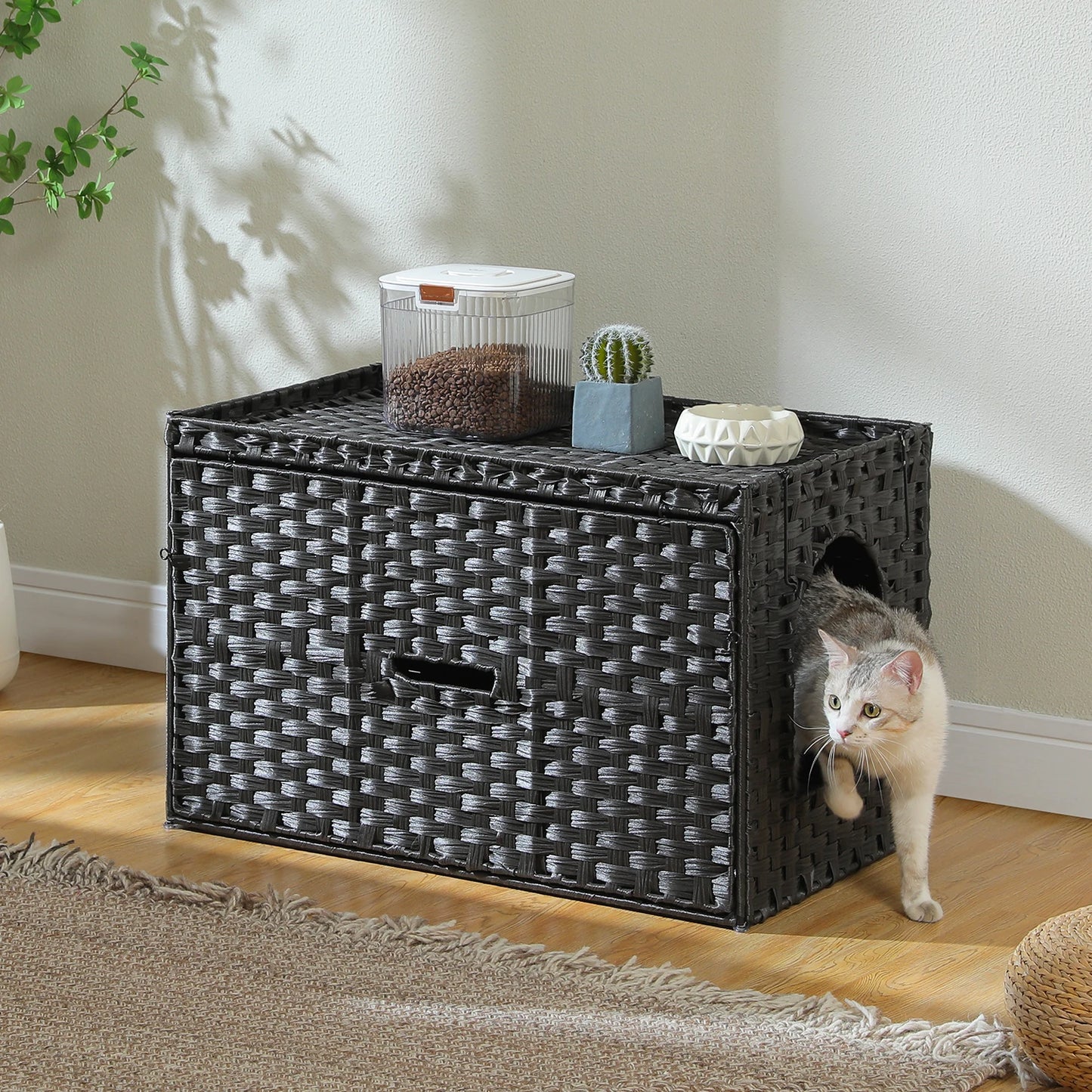Rattan Cat Litter Box Enclosure with Stylish Flip-Up Design