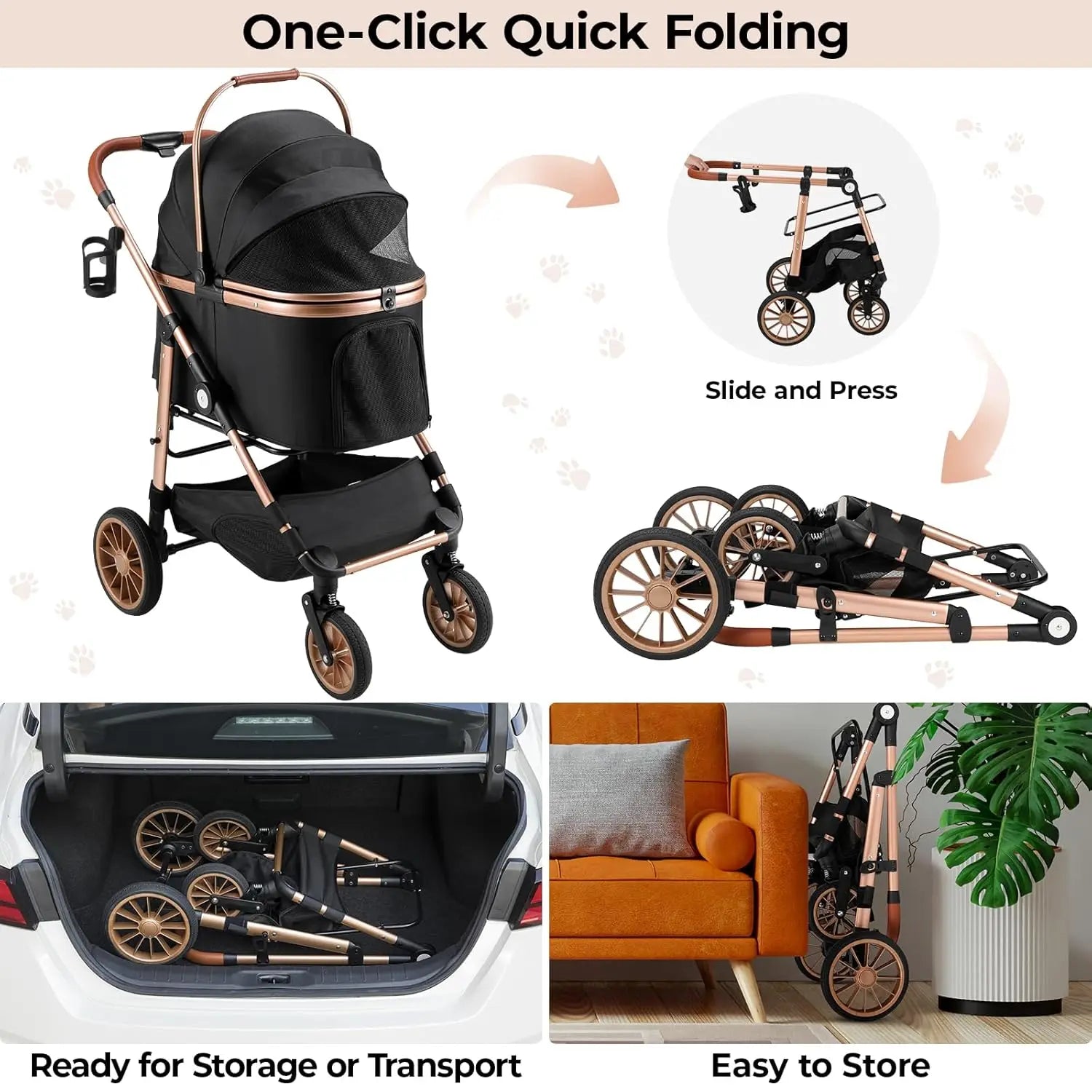 360° High Wheels Transport Foldable Cat Pet Stroller 