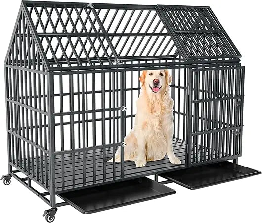 Very /54 Inch Heavy Duty Dog Crate Extra Large Dog Cage Kennel, Indestructible XXL Dog Crate With Open Roof Top, Trays And Wheel
