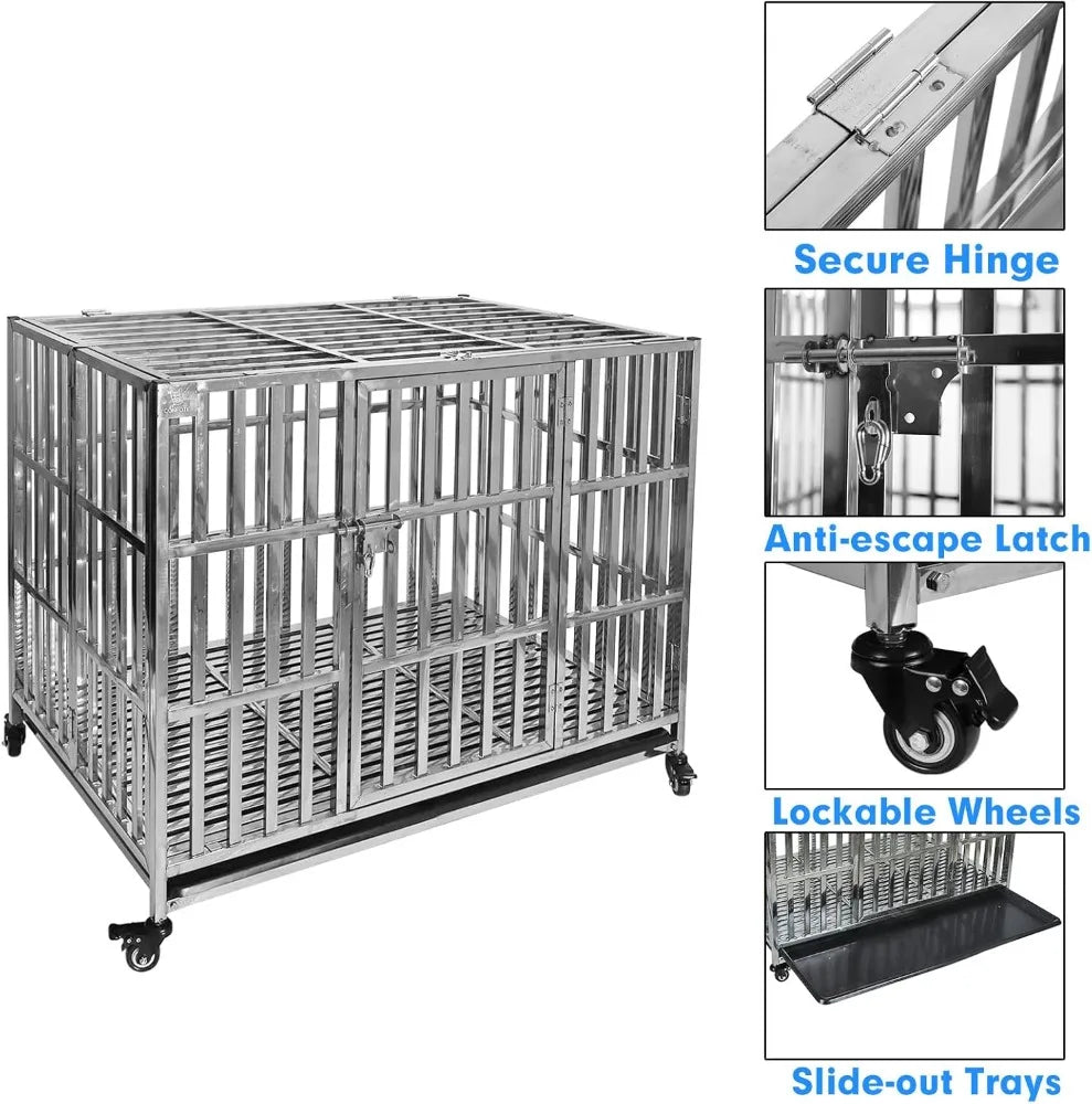 Stackable Stainless Steel Dog Crate With Locking Wheels