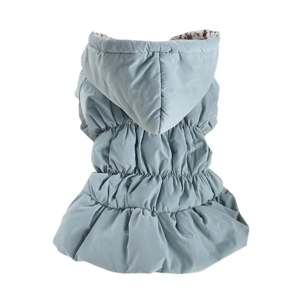 Winter Warm Dog Dress With Floral Bubble Skirt Hooded Coat