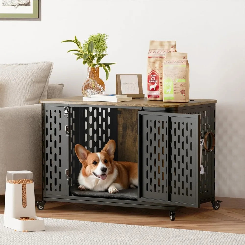 Heavy Duty Dog Crate With Cushion And Wheels For Anxiety