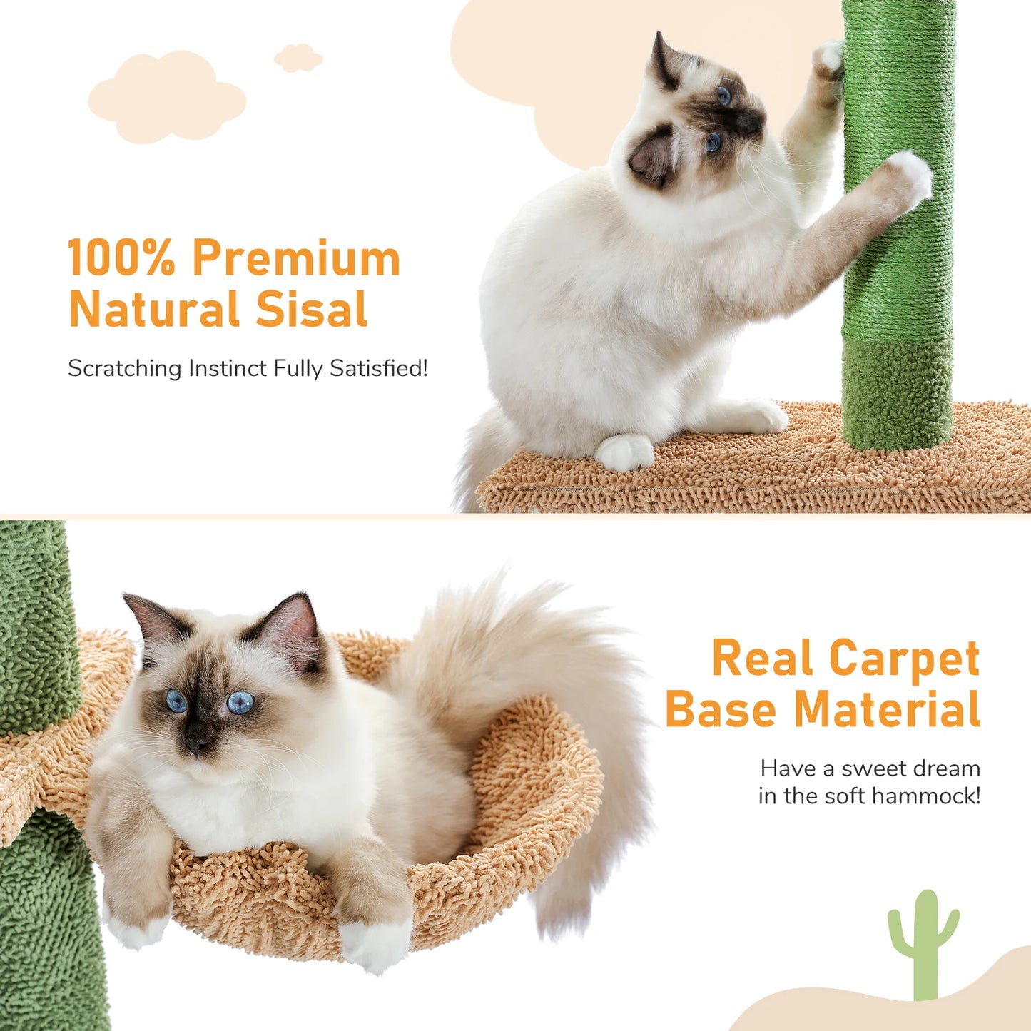 Cat Tree 5 Tier Floor to Ceiling Cat Tower Cactus Design Tall Climbing Tree with Scratching Post Hammock and Dangling Ball for Indoor Cats