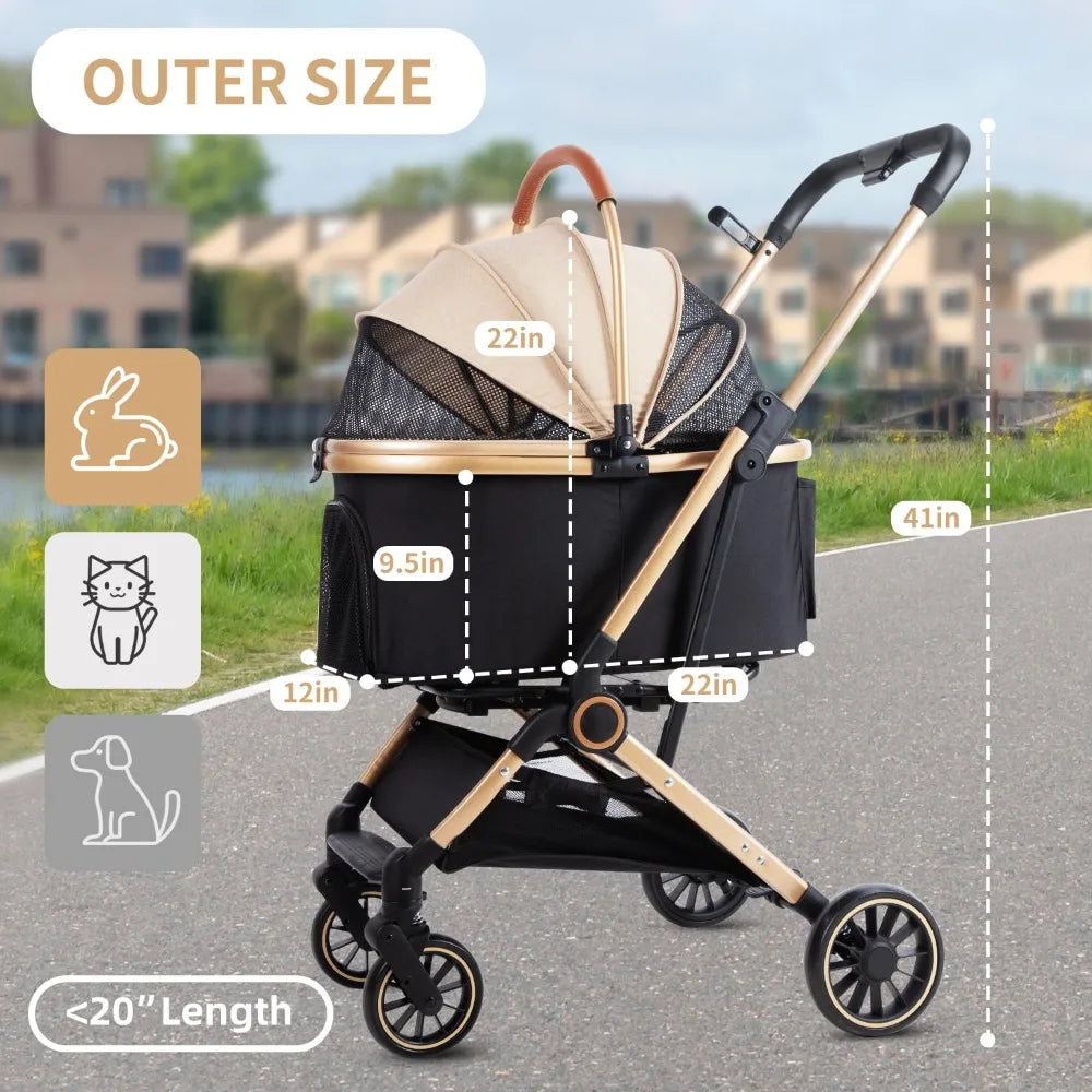 Pet Stroller with 4 Wheels, Foldable Pet Travel Carrier for Small/Medium Dogs Cats up to 50lbs, Detachable Portable Pet Bag