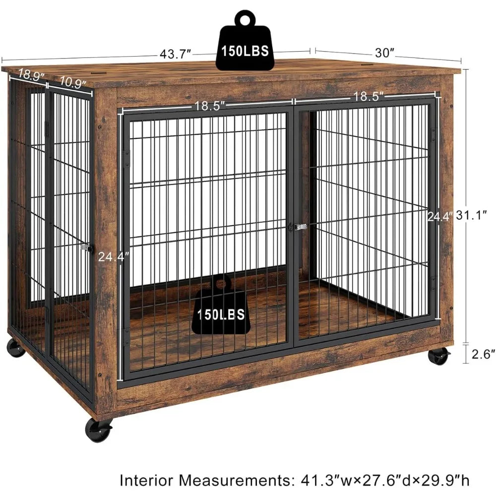 Wooden Dog Crate Furniture With Flip Top And Wheels