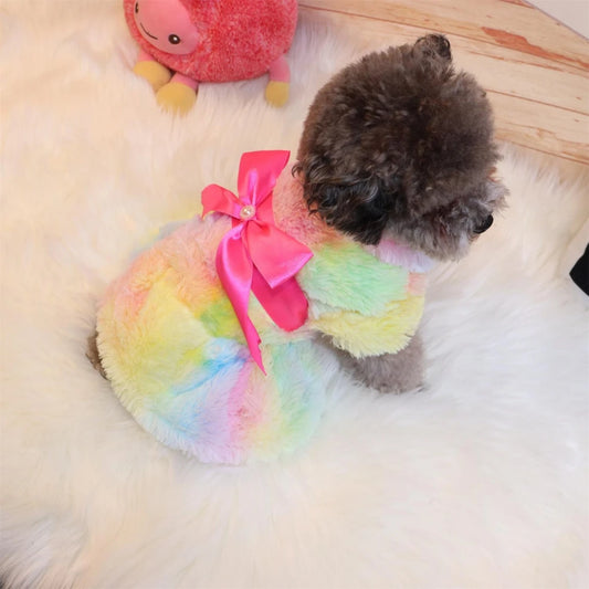 Pet Dog Fluffy Pink Bowknot Skirt Plush Coat Color Coral Fleece Dresses Winter Pet Color Gradient Dress for Small Dog Cat Jacket