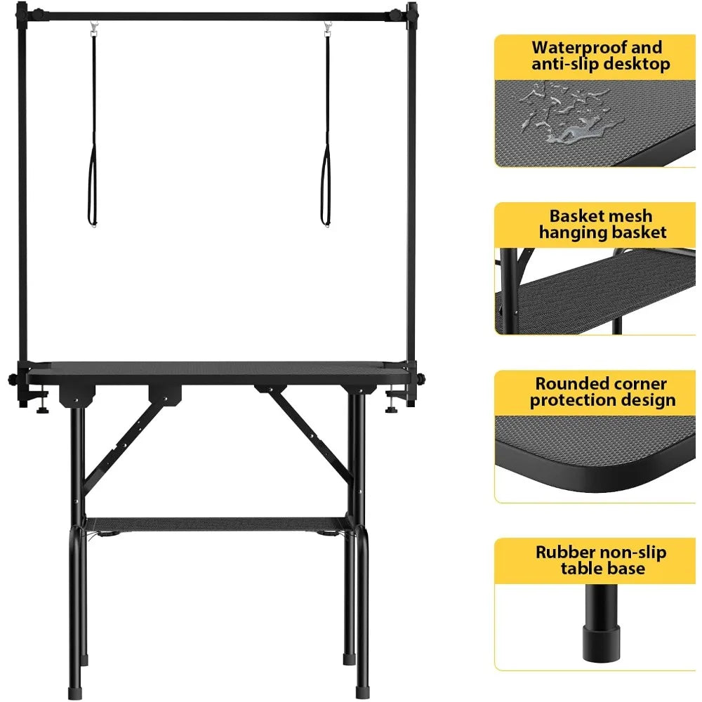 36 Inch Dog Grooming Table, Foldable Pet Grooming Tables at Home with Adjustable Arm, Nooses, Mesh Tray