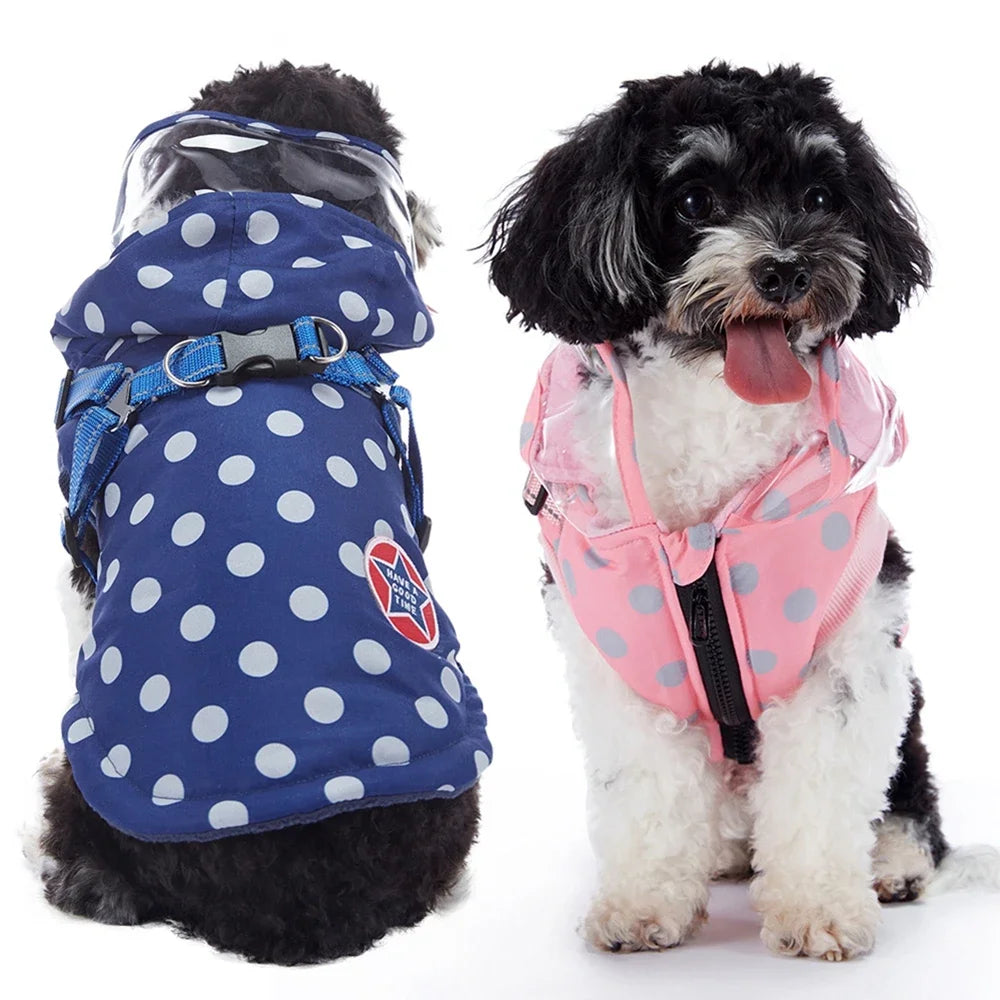 Winter Waterproof Dog Coat With Harness Hooded Polyester Jacket