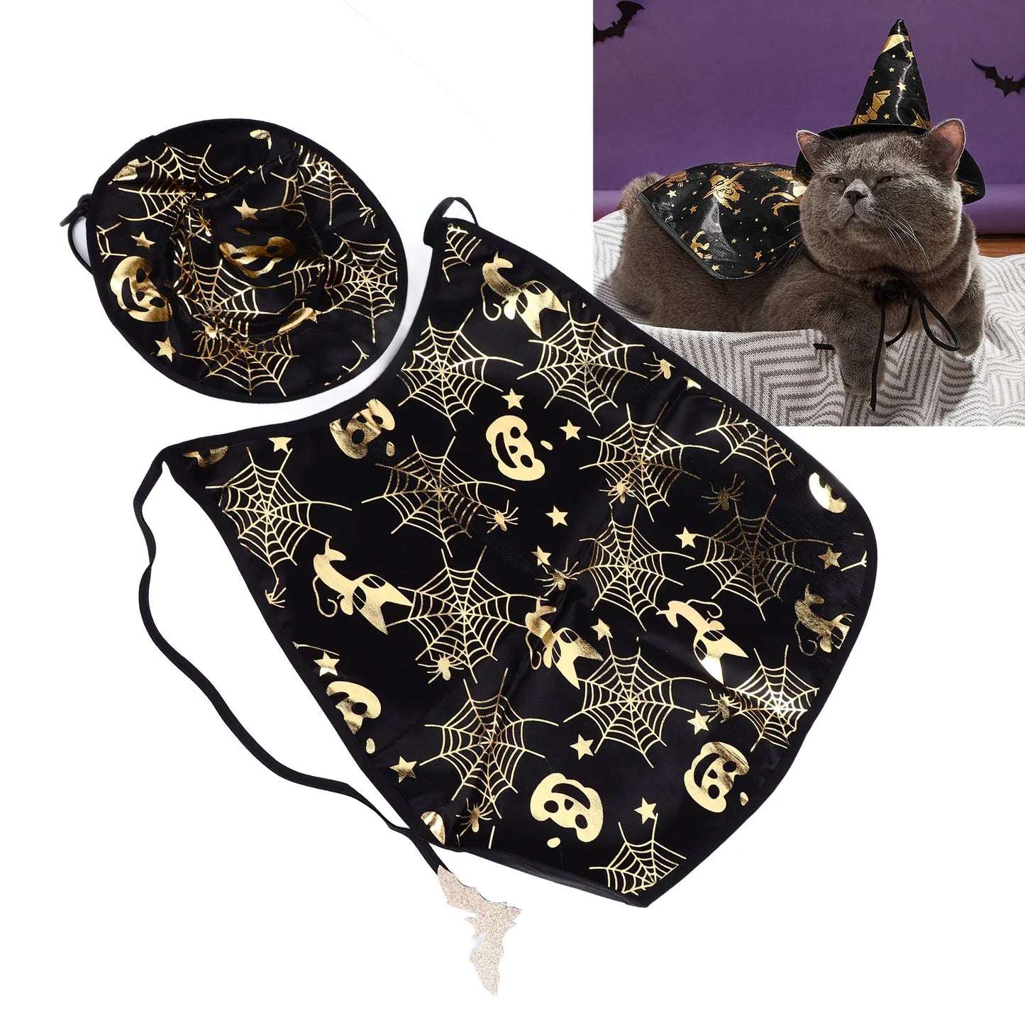 Halloween Pumpkin Cape Pet Costume Set Spiderweb Pattern