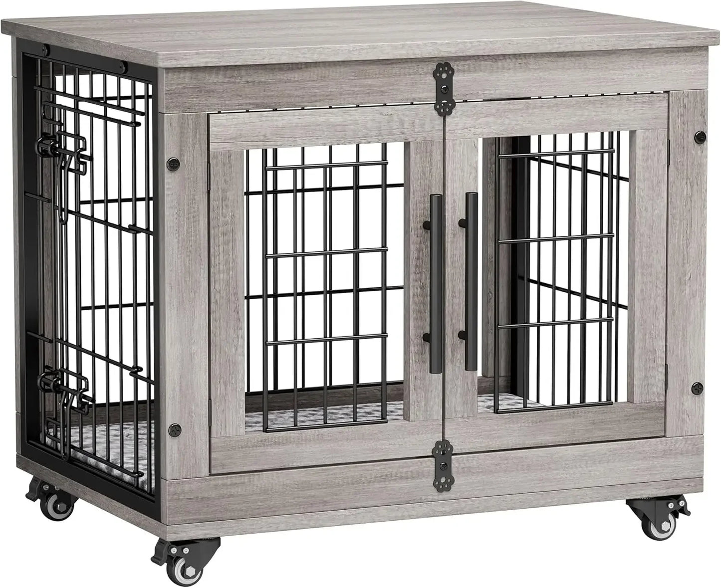 Indoor Double Door Wooden Dog Crate With Cushion And Wheels