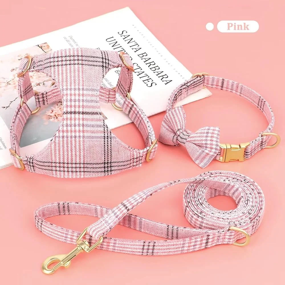 Cute Small Dog Harness Collar Leash Set Adjustable Soft Plaid Design for Extra Small Dogs and Cats