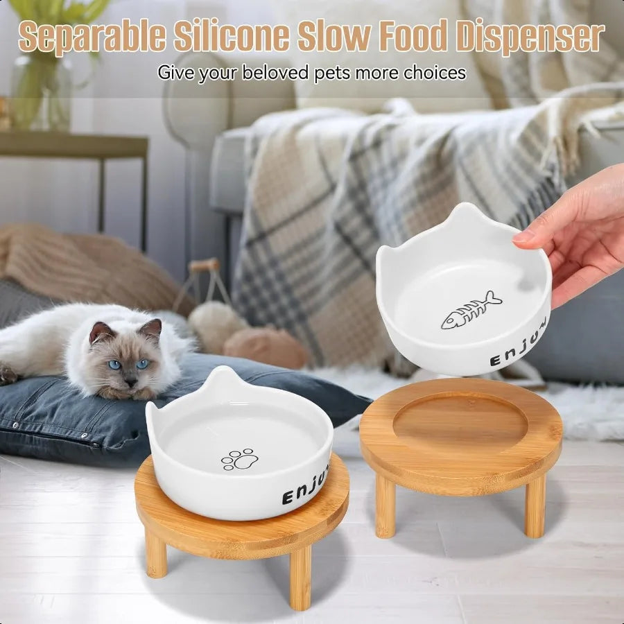 3PCS Elevated Cat Bowls Wide Raised Ceramic Pet Dishes with Bamboo Stand Whisker Friendly Feeding Station