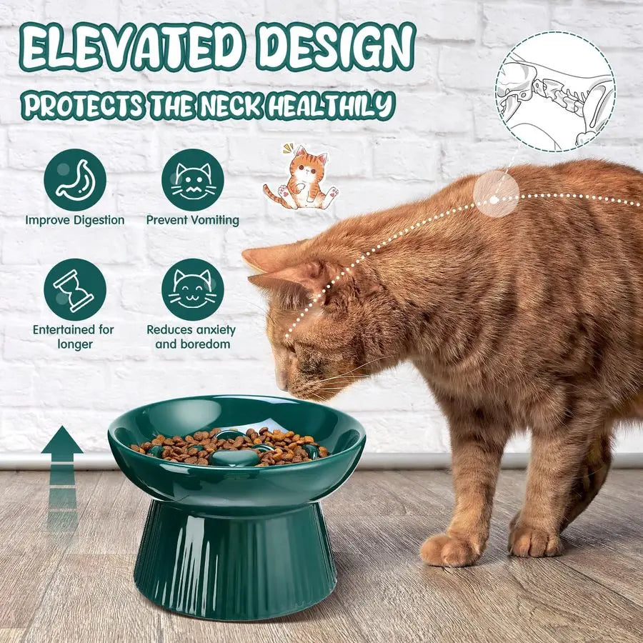 2 Pcs Raised Cat Slow Feeder Bowl Ceramic Elevated Cat Dog Food Bowl 