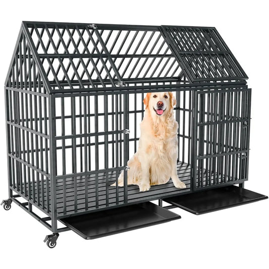 Very /54 Inch Heavy Duty Dog Crate Extra Large Dog Cage Kennel, Indestructible XXL Dog Crate With Open Roof Top, Trays And Wheel