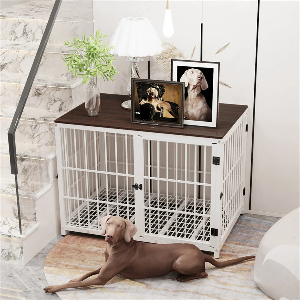 Wooden Elevated Dog Crate End Table With Lattice Doors