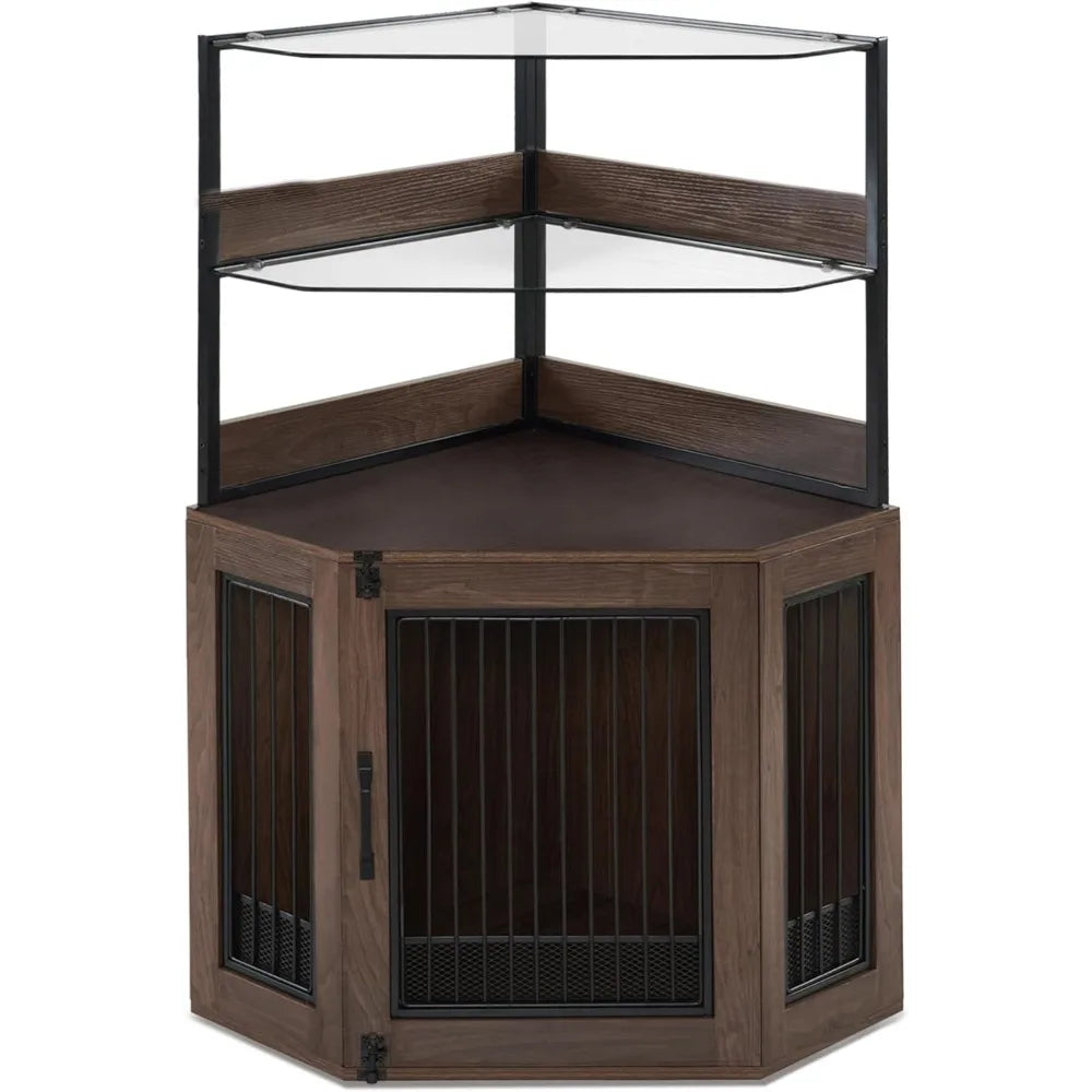 Masterpiece Corner Dog Crate With Glass Shelves And Door