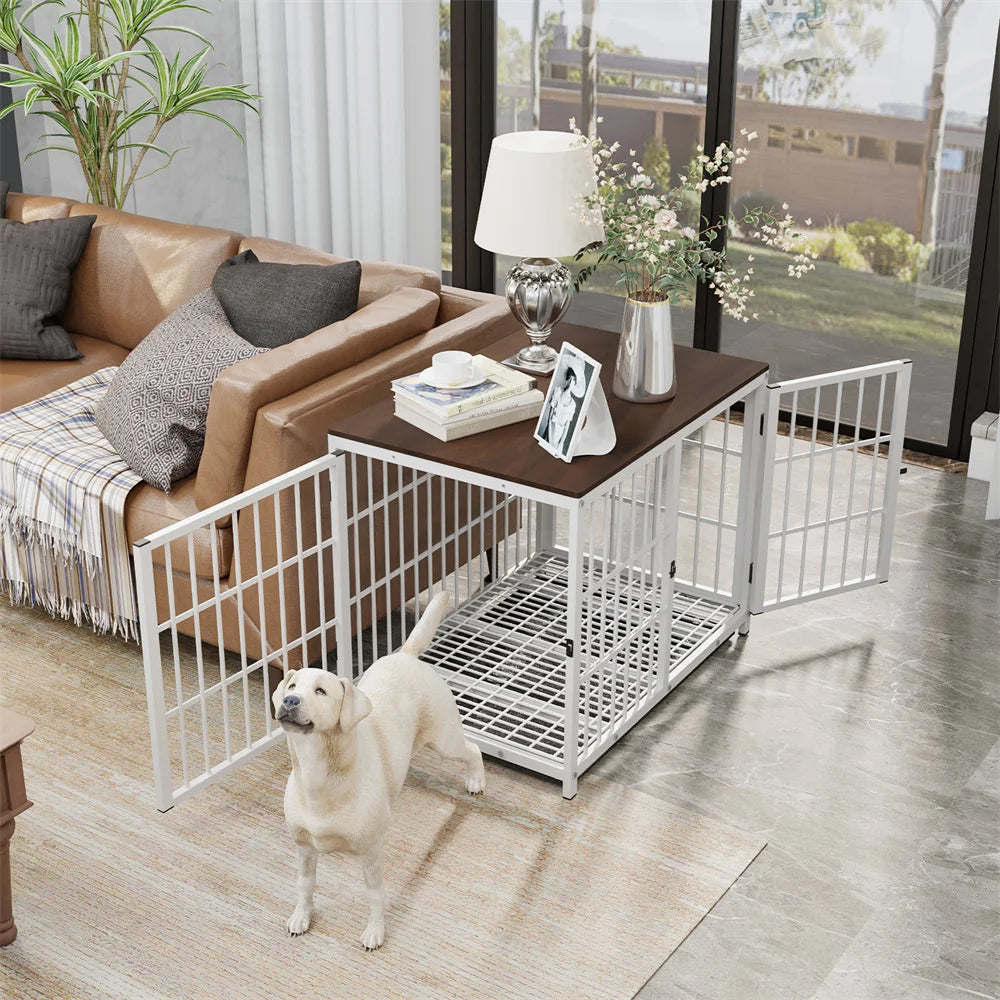 Wooden Elevated Dog Crate End Table With Lattice Doors