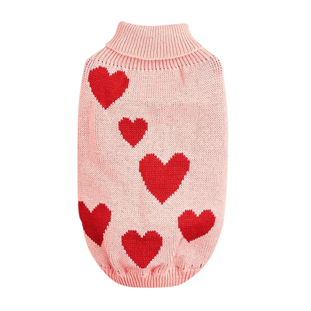 Cute Dog Sweater Heart Pattern Warm Pet Jumper Knitwear High Collar Jacket for Small and Big Dogs and Cats